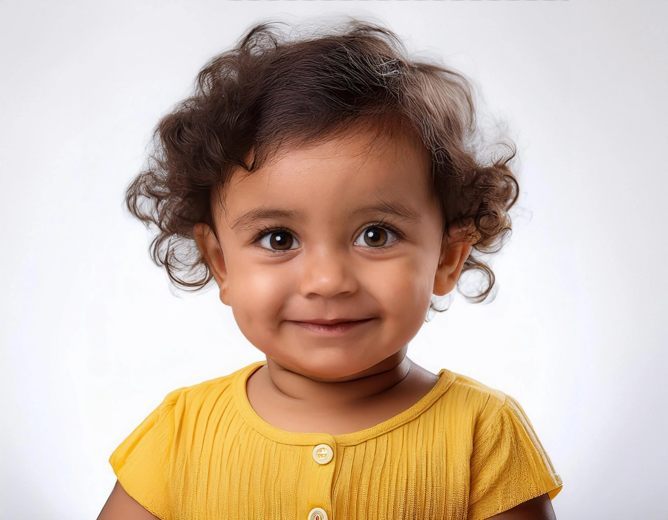 Happy baby girl in yellow top smiling at the camera