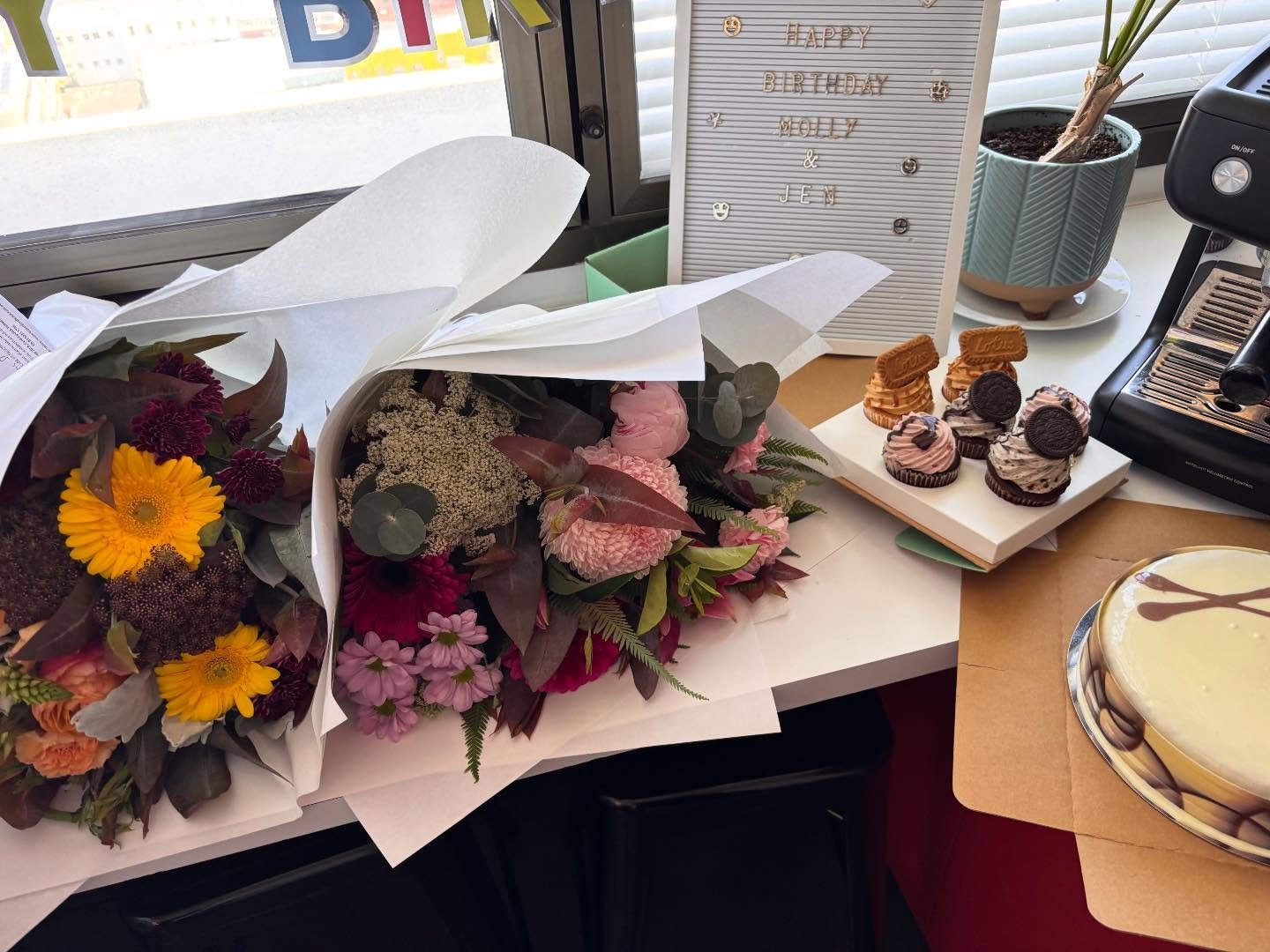 Cake and flower galore at Hobart Perio this week! Celebrating our practice manager Jenny &amp; nurse Molly 🥳 We wish them both a great day with a belly full of cake 🍰 🧁