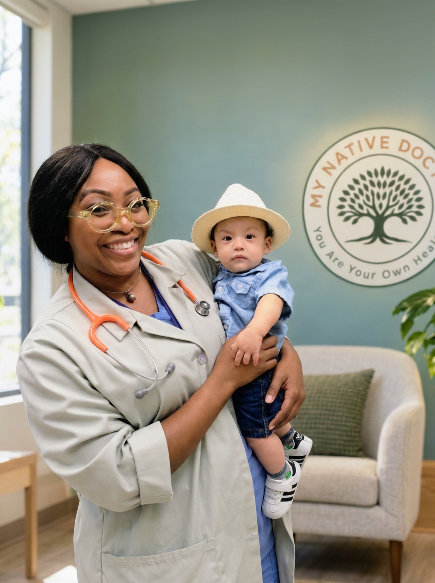 Dr. Noredia Alile with a smiling child at My Native Doctor