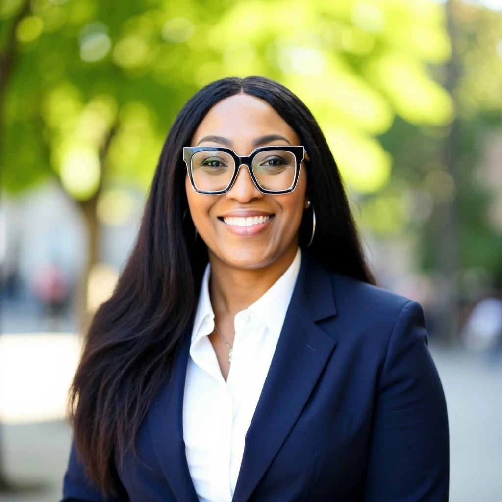 A smiling woman in business attire, wearing glasses, outdoors with blurred green trees in the background.