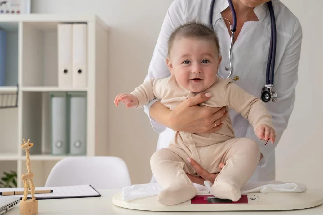 A doctor holding a smiling baby on a medical examination table in a clinic or hospital setting.