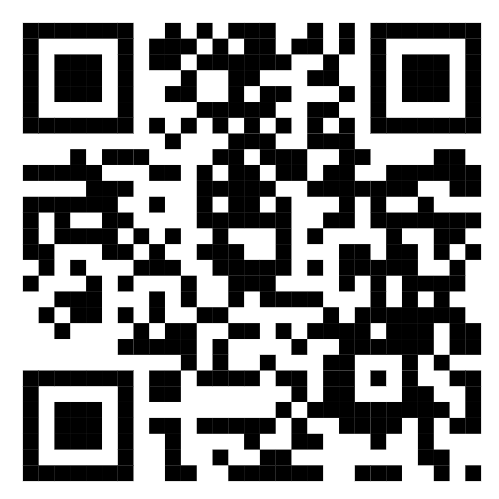 A black and white QR code with three large squares in the corners.