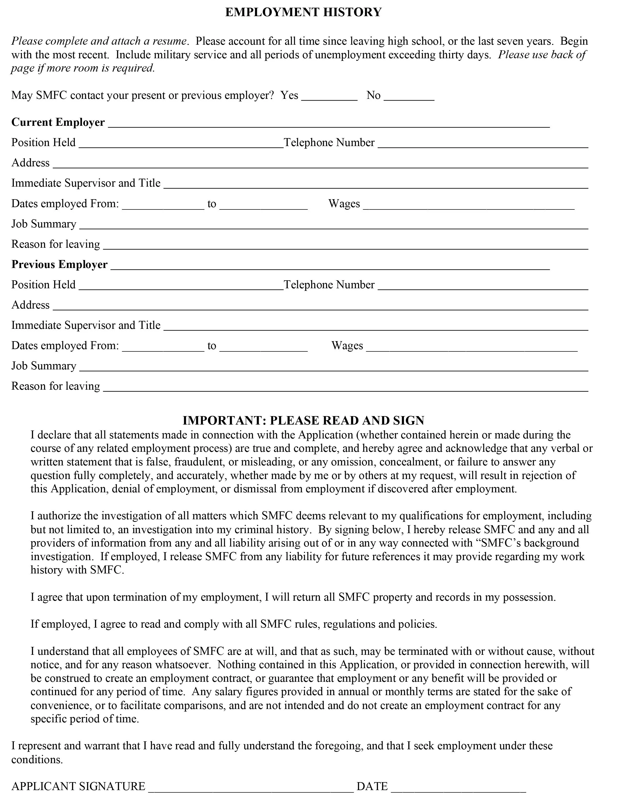 Employment history form with fields for current and previous employer information, job details, and a declaration section for applicant signatures.
