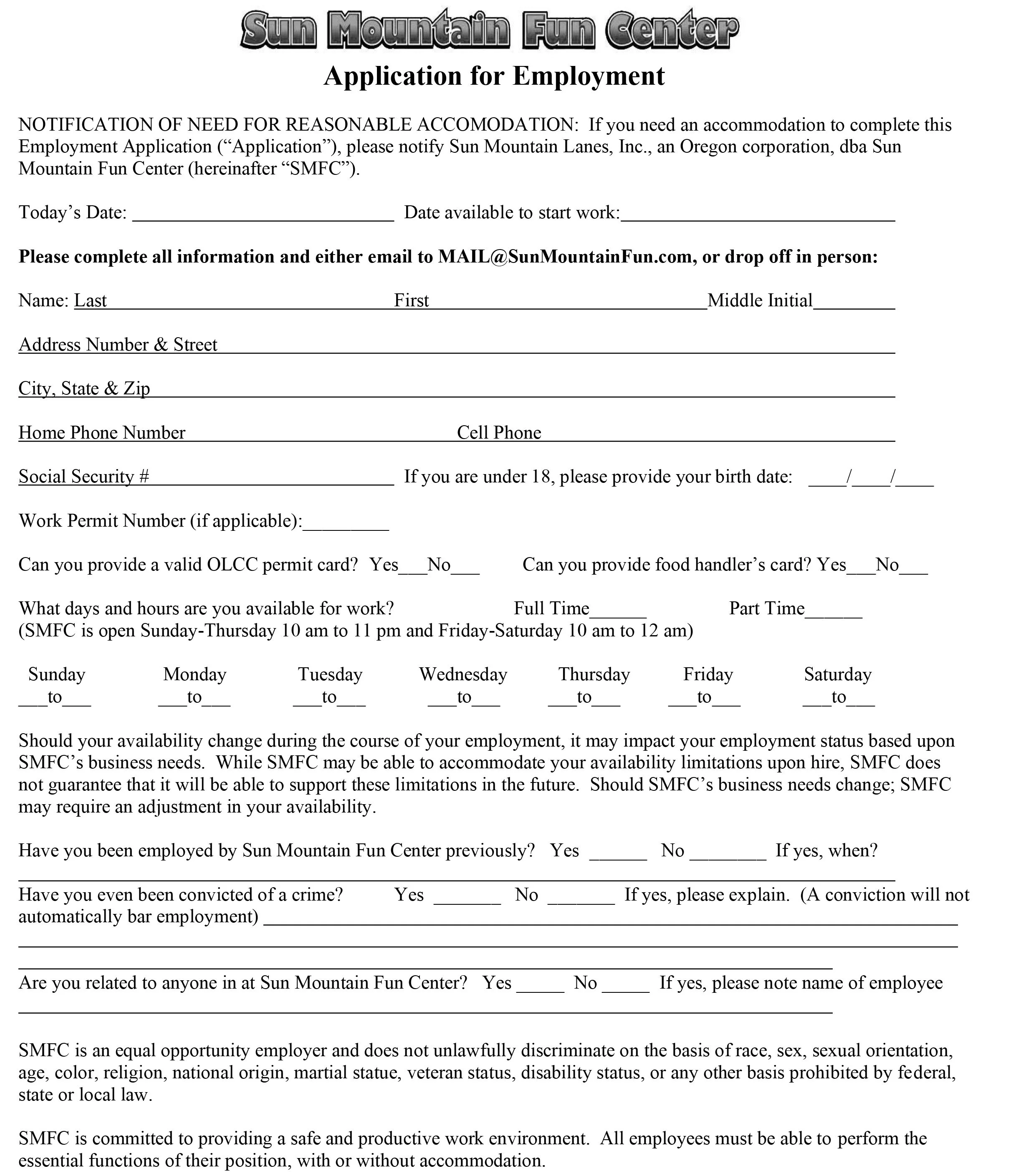 A black-and-white application form for Sun Mountain Fun Center, with fields for personal information, employment availability, and questions about criminal history and connections to employees.