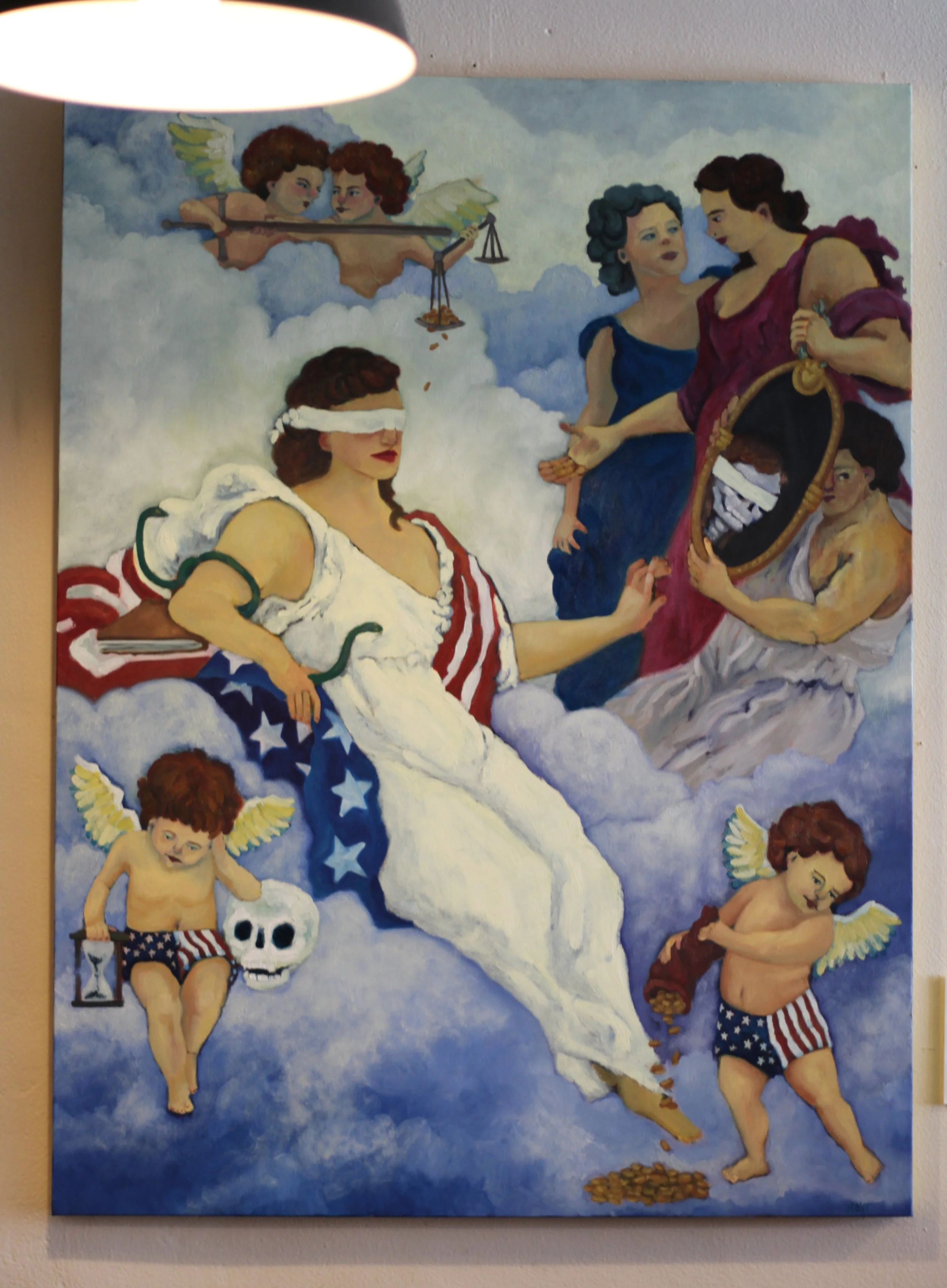 Auri Sacra Fames: An Allegory of An Allegory of Prudence, 36"x48" Oil on canvas, hanging in Cafe Corvo, Bremerton, Wa.