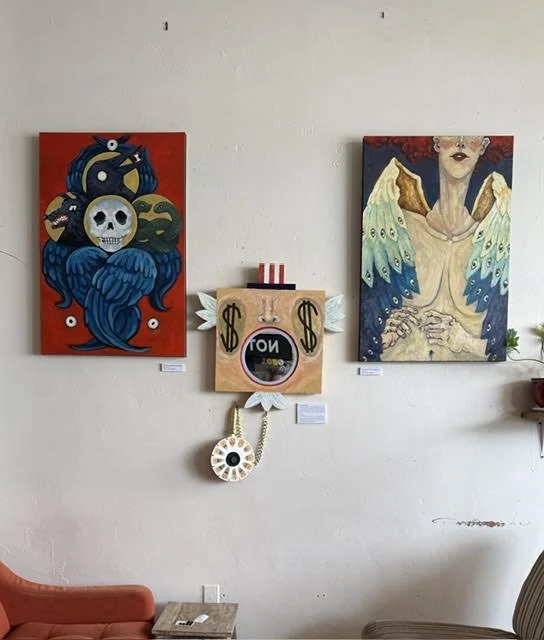 "The Tetramorph," "Auri Sacra Fames," and " I Need Your Eyes" hanging in Cafe Corvo, Bremerton, WA.