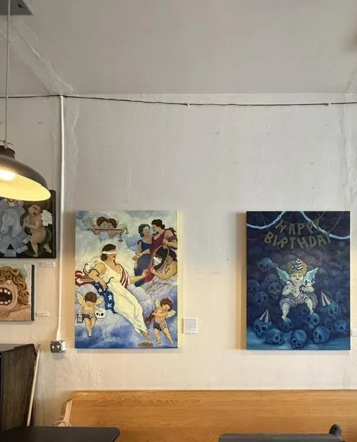 "An Allegory of An Allegory of Prudence" and "250" hanging in Cafe Cork, Bremerton, WA.