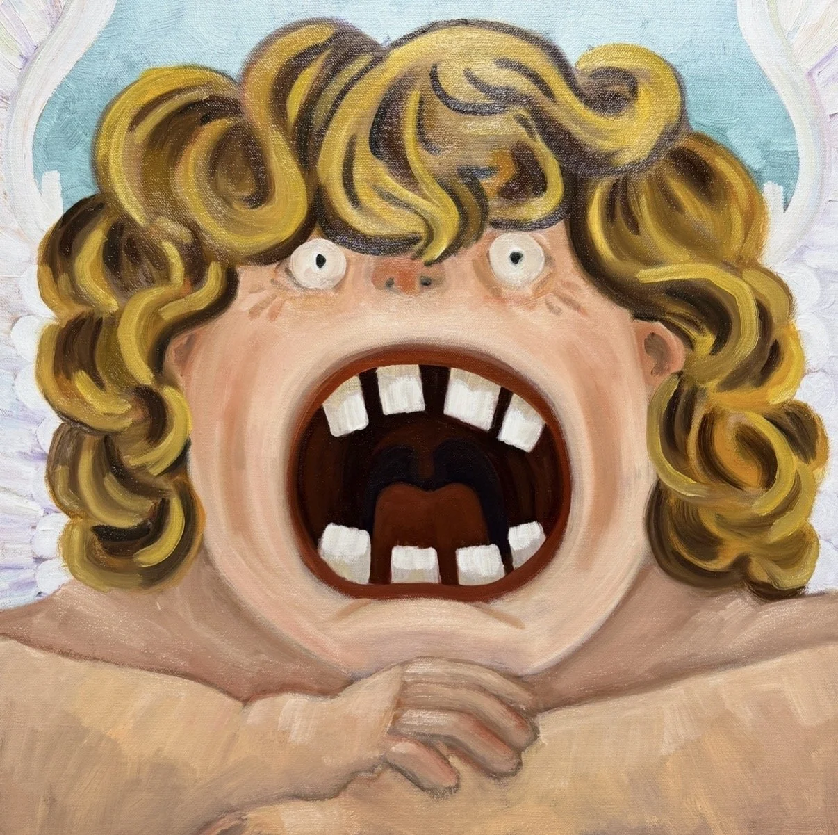 Raphael's Cherub Laments, 20"x20" Oil on canvas