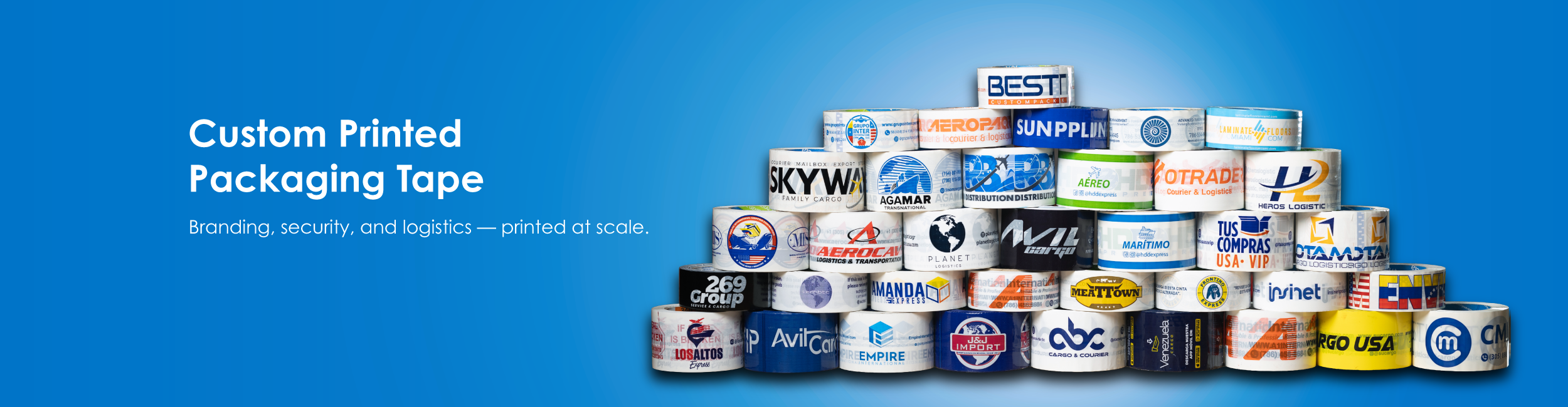 Stacks of custom printed packaging tape rolls with various logos, set against a blue background promoting branded packaging solutions.