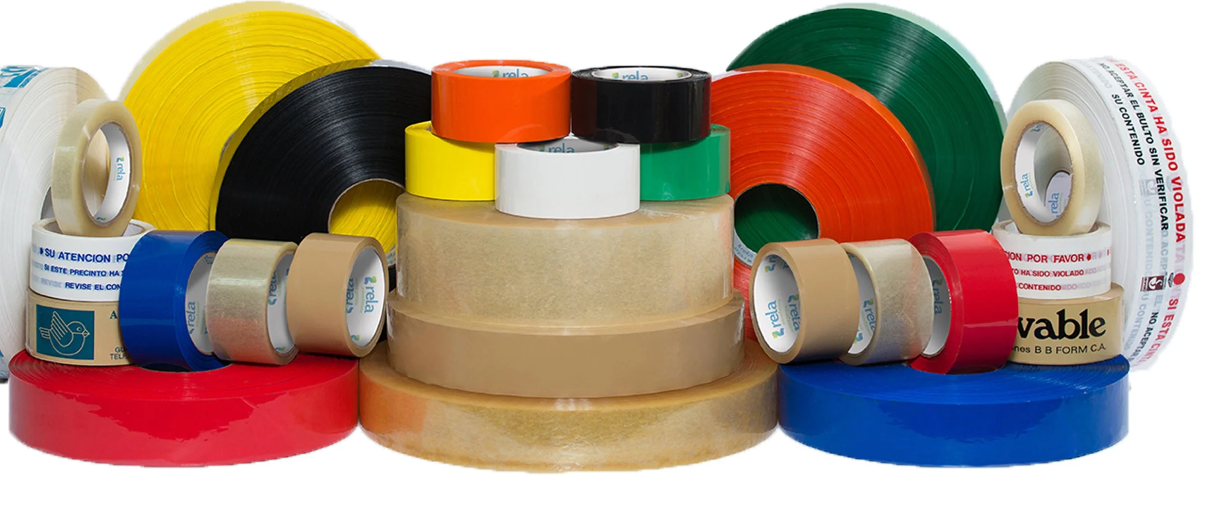 Various rolls of colored adhesive tape, including red, blue, yellow, black, green, orange, and white, arranged in a display.