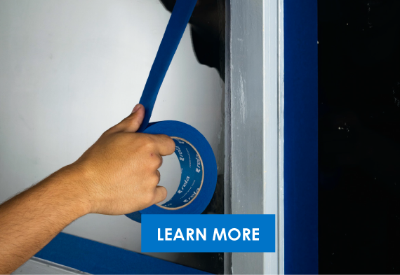 A hand holding blue duct tape near a window with a 'Learn More' button below.