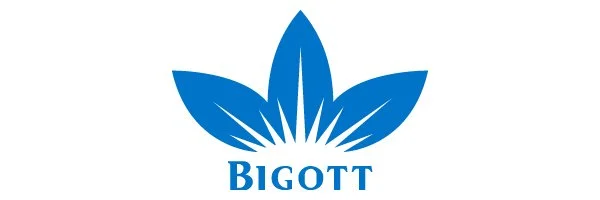 Blue logo of a stylized flower or leaves with the word "BIGOTT" underneath.