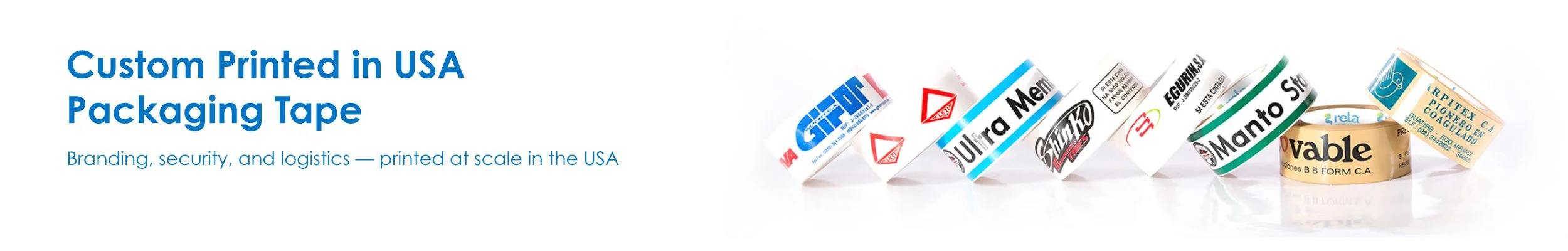 Various rolls of custom printed packaging tape with different logos and designs, arranged in a row on a white surface.