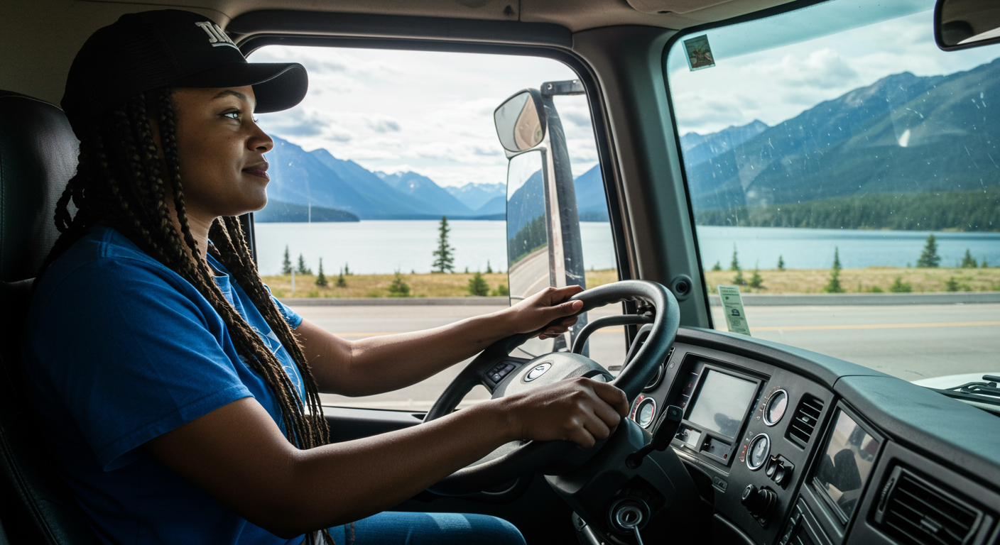 Person driving a truck with mountain and lake view outside the window.