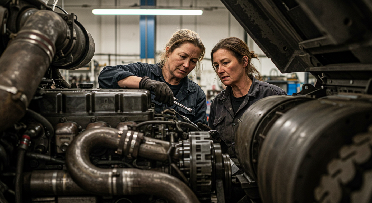 Two women working on a large industrial engine in a workshop, wearing work uniforms and gloves, using tools.
