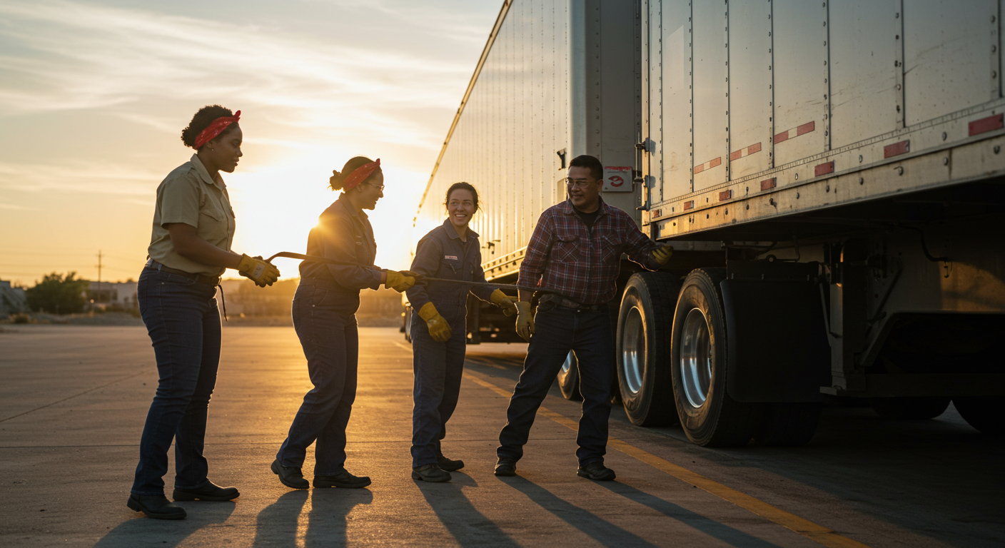 Four workers wearing gloves and casual work clothes stand near a truck at sunset, engaging in teamwork and pulling a cable.