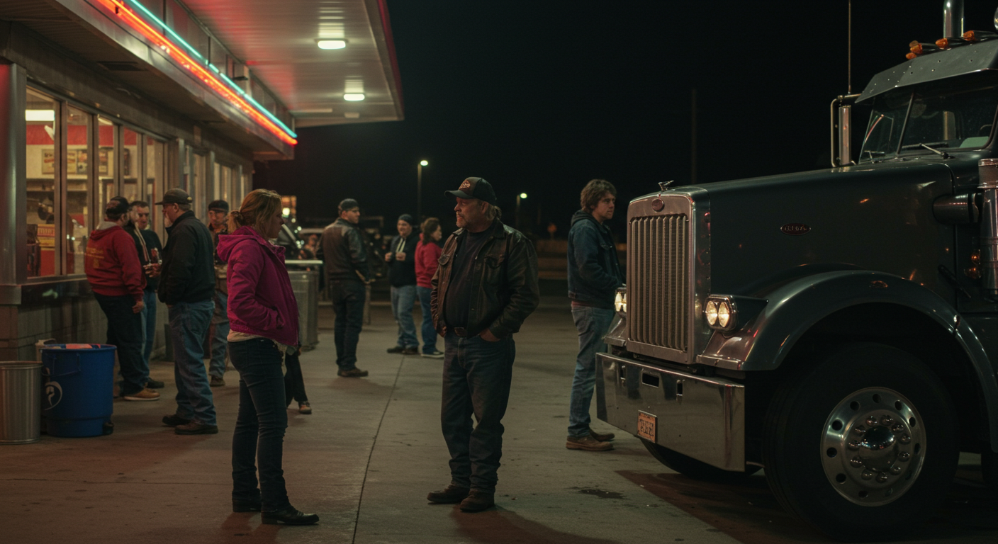 People gathered outside a diner at night with a parked semi-truck, fluorescent lights illuminating the scene.
