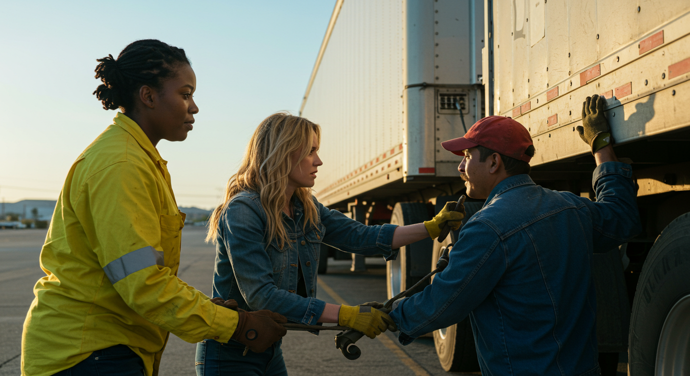 Three people working together, one in a yellow safety jacket and two in denim attire, near a truck with a trailer in an industrial area.
