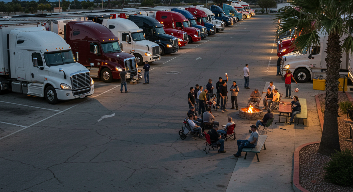 A row of parked semi-trucks with people gathered around a campfire in a parking lot in the evening.