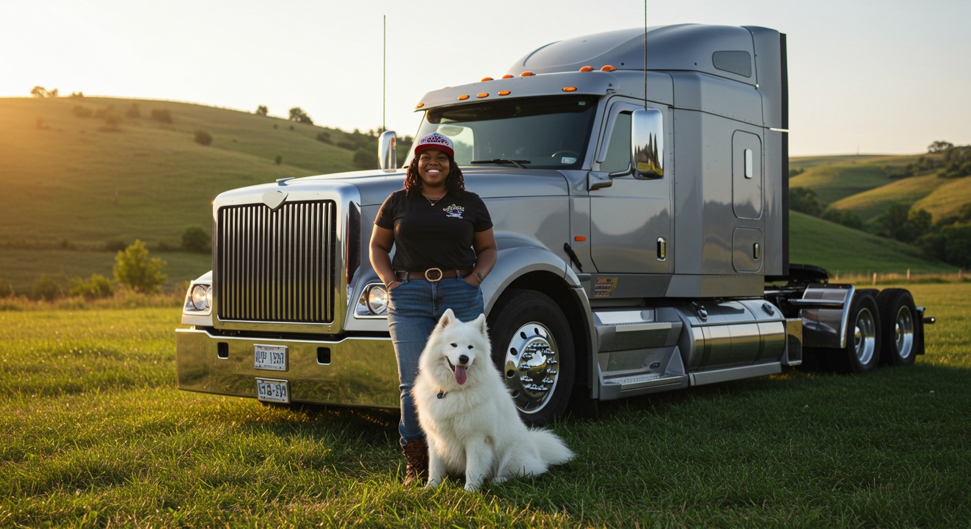 A woman standing next to a large silver semi-truck with a white fluffy dog sitting in front, set in a scenic rural landscape with green hills and warm sunlight.