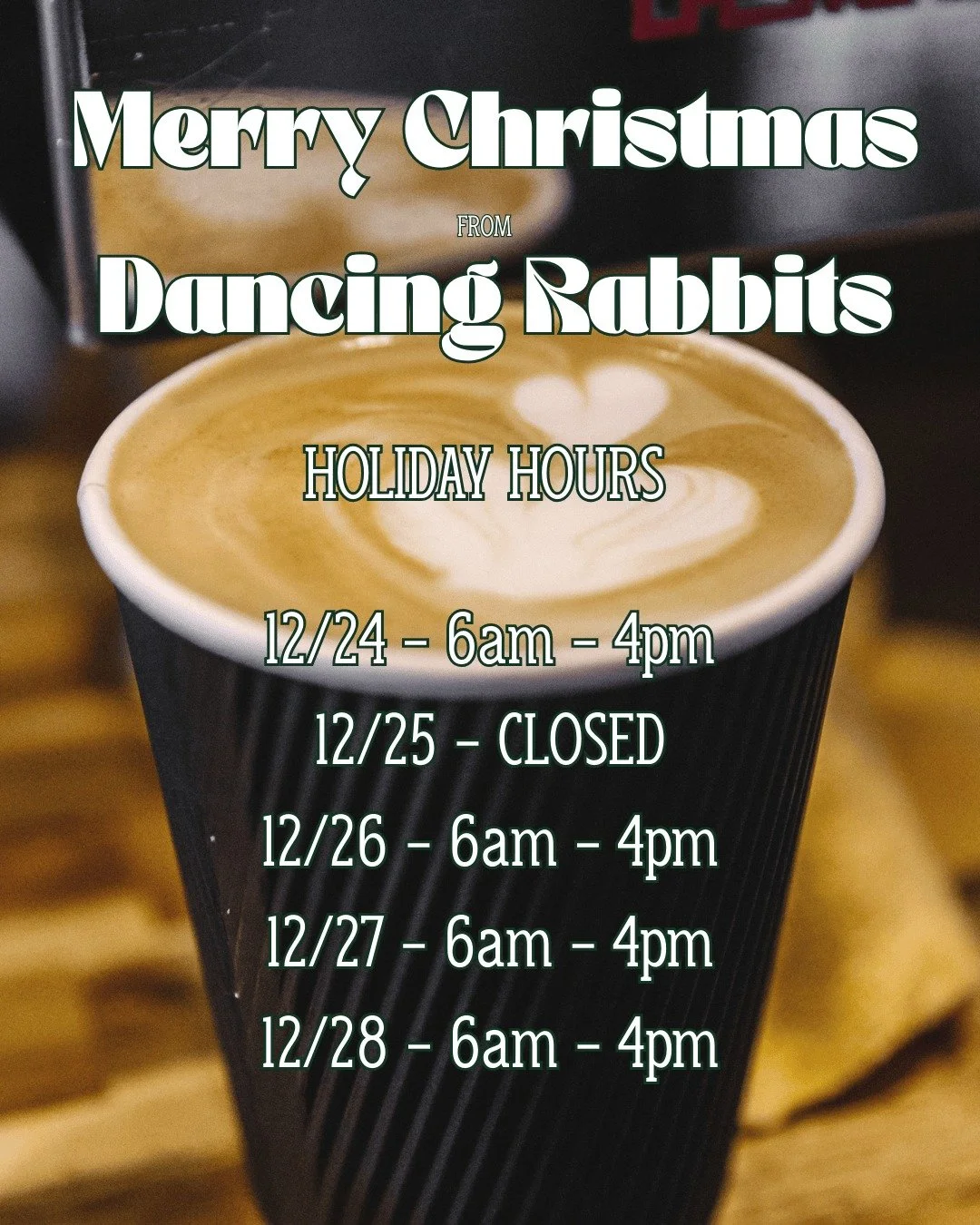 HOLIDAY HOURS

12/24 - 6am - 4pm
12/25 - CLOSED
12/26 - 6am - 4pm
12/27 - 6am - 4pm
12/28 - 6am - 4pm
