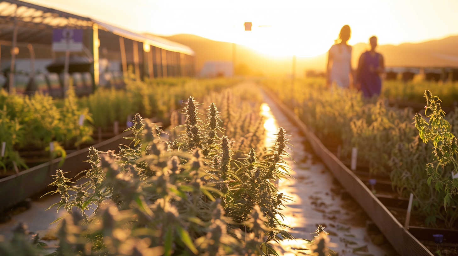 Cannabis plants growing in a greenhouse with a sunset in the background and two people walking along a path.