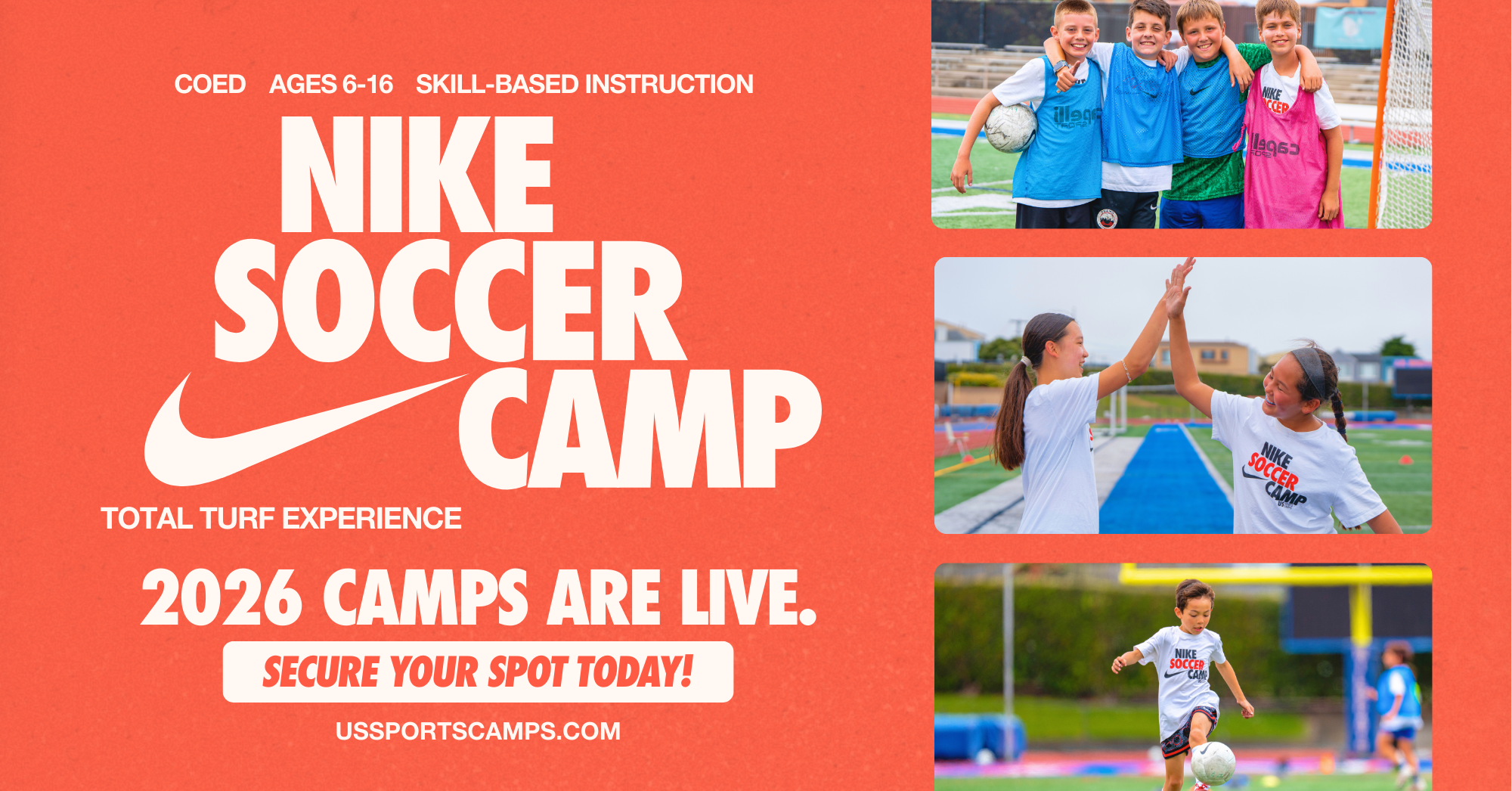 Advertisement for Nike Soccer Camp featuring a red background with white text and three photos of children playing soccer, high-fiving, and smiling on the field.