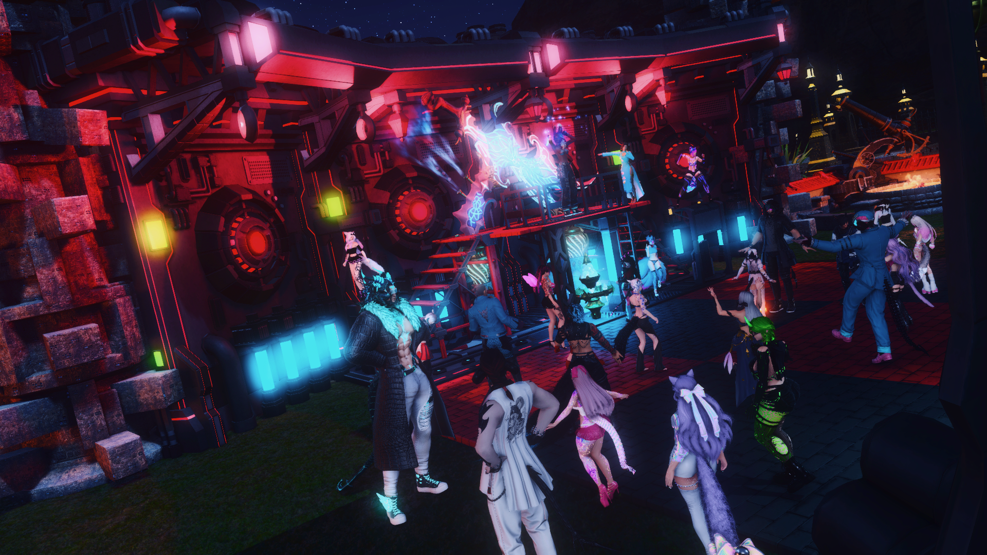 Digital artwork of a lively outdoor party with animated characters dancing near a futuristic stage illuminated with vibrant neon lights, set against a starry night sky.