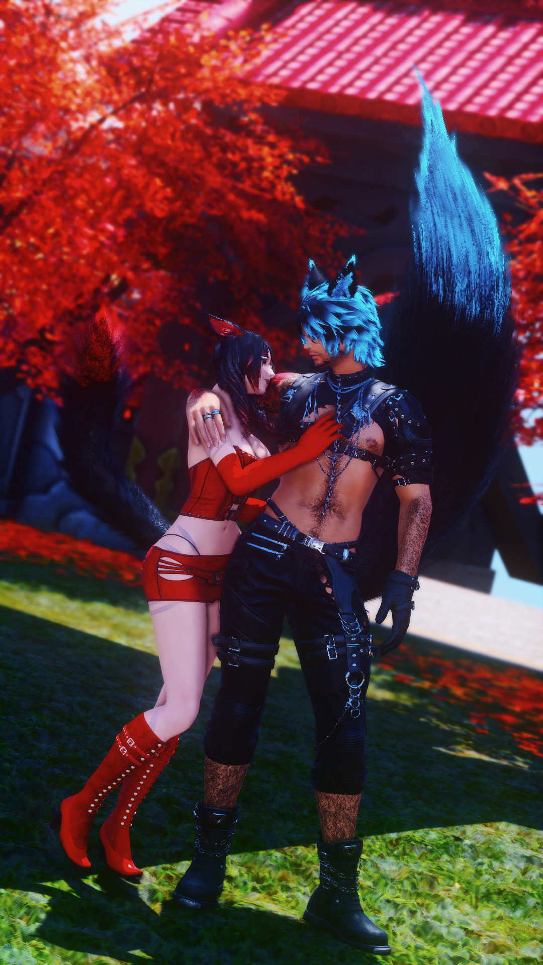 Two characters dressed in fox-themed cosplay costumes pose together outdoors in front of red maple trees. The female character wears a red and white outfit with red thigh-high boots, long gloves, and fox ears, while the male character has fluffy blue
