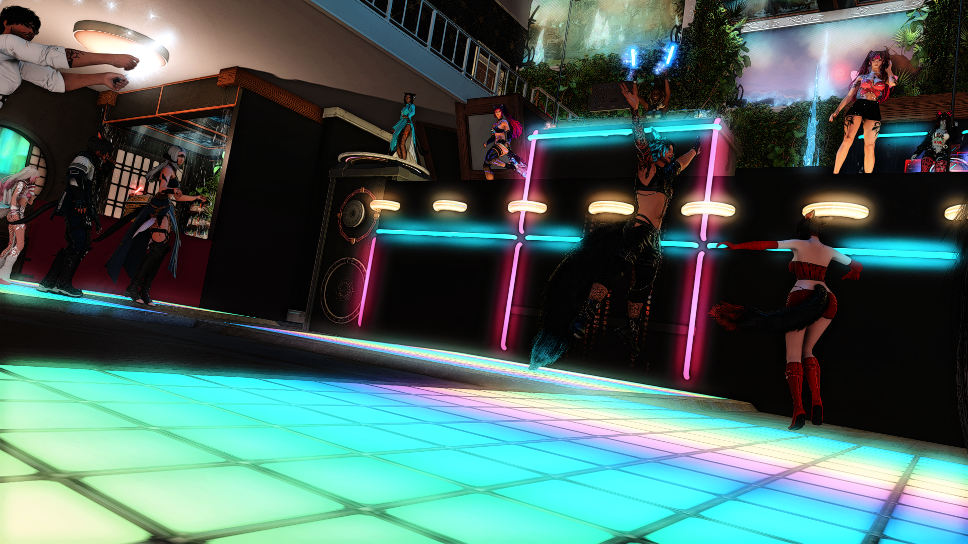 A lively nightclub scene featuring multiple female and male dancers on a black stage with colorful neon lights, some dressed in cosplay or fantasy-inspired outfits, with a brightly illuminated dance floor in the foreground.