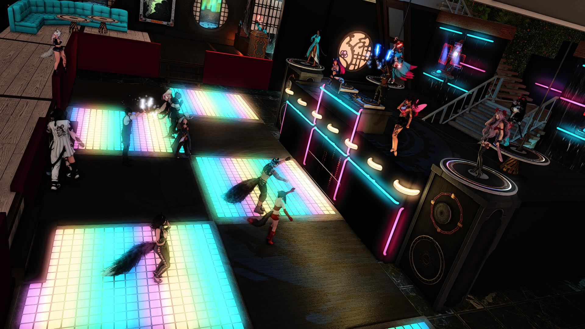 A dance club with people dancing on colorful LED light-up floors, some dressed in fantasy costumes, with DJs on turntables and neon lights illuminating the stage area.