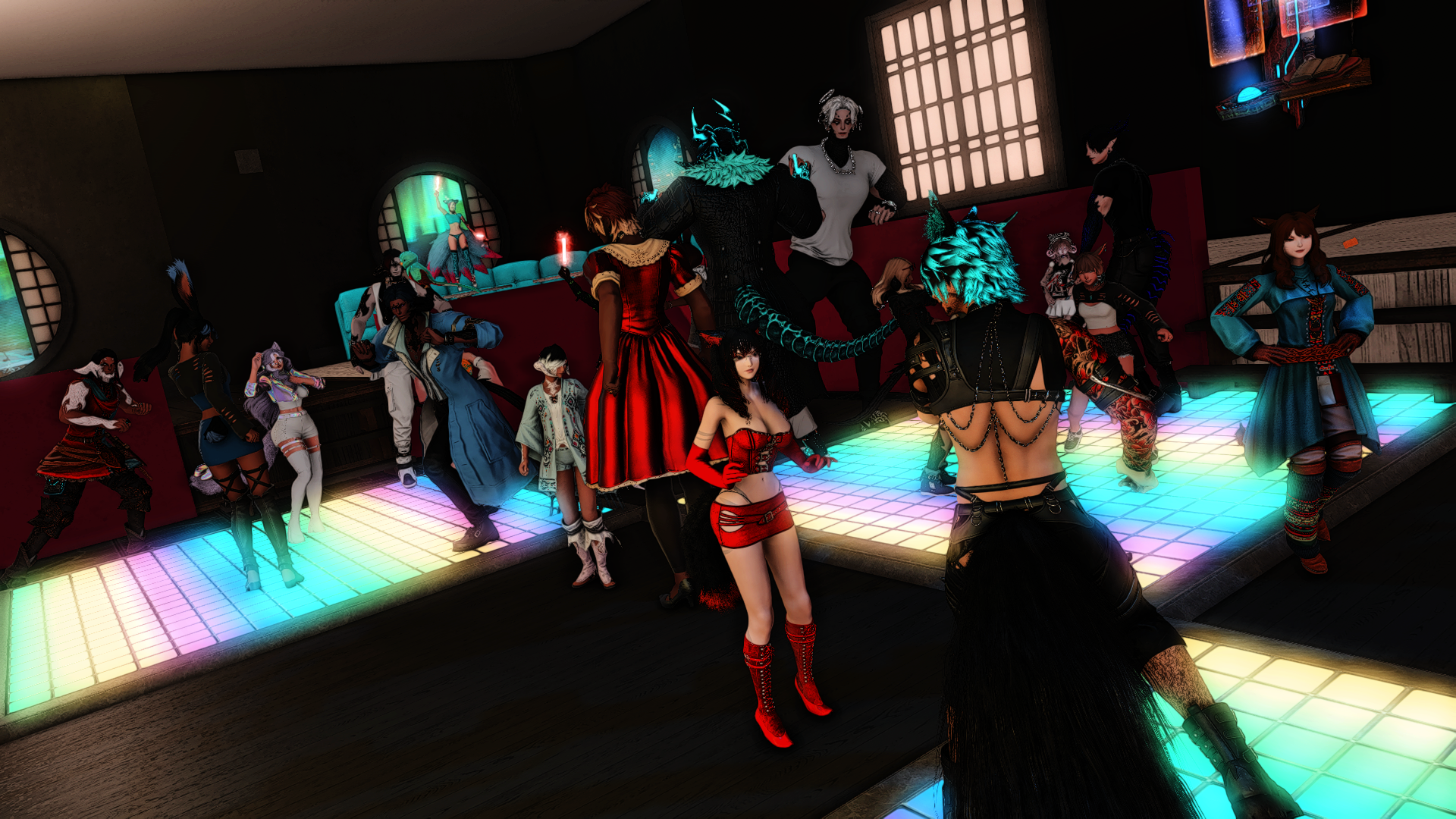 A group of people with fantasy and cyberpunk-inspired costumes dancing on a colorful, illuminated dance floor in a dimly lit room.