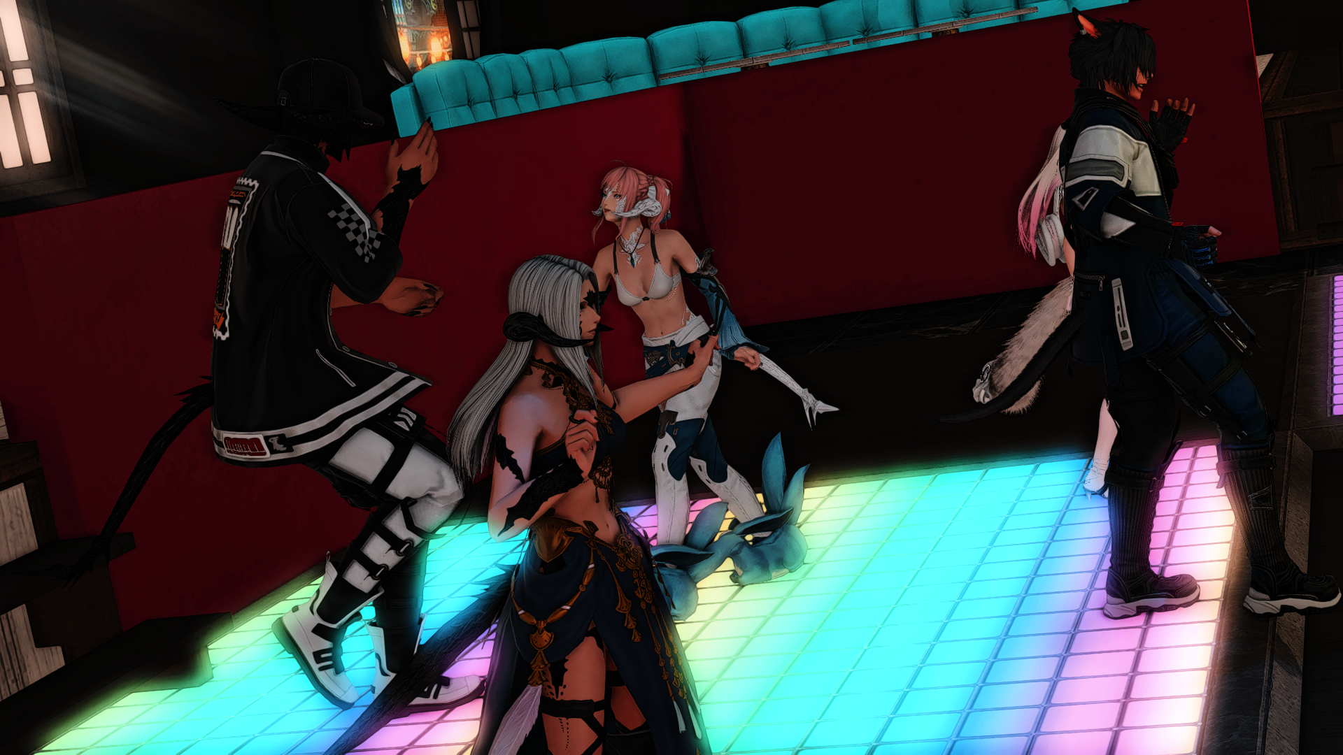 Four characters in a nightclub setting with a colorful glowing dance floor. Two characters are sitting while two are standing, some wearing fantasy or futuristic costumes, including a character with fox-like ears and a tail.