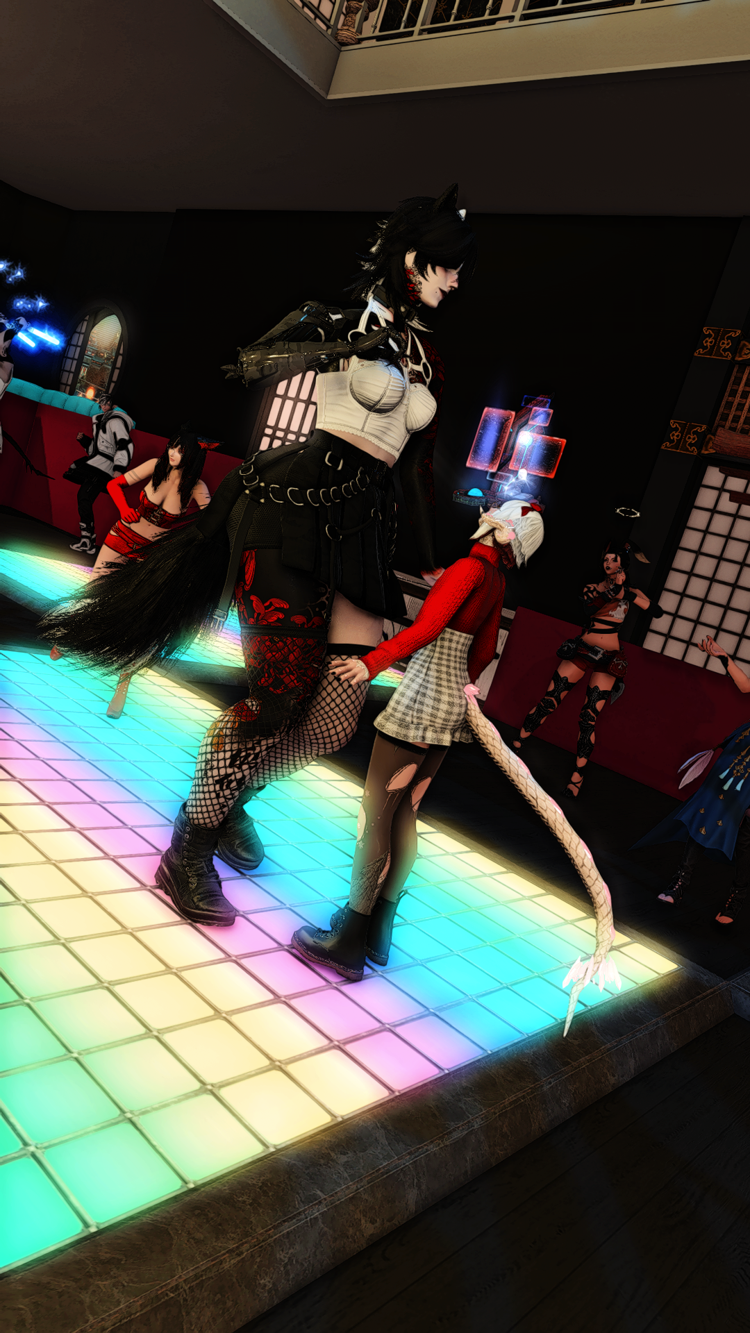 Digital illustration of a nightclub scene with humanoid fantasy characters dancing on a colorful LED-lit dance floor, featuring a woman with fox-like features, a girl with a long tail, and other fantasy figures in vibrant outfits.