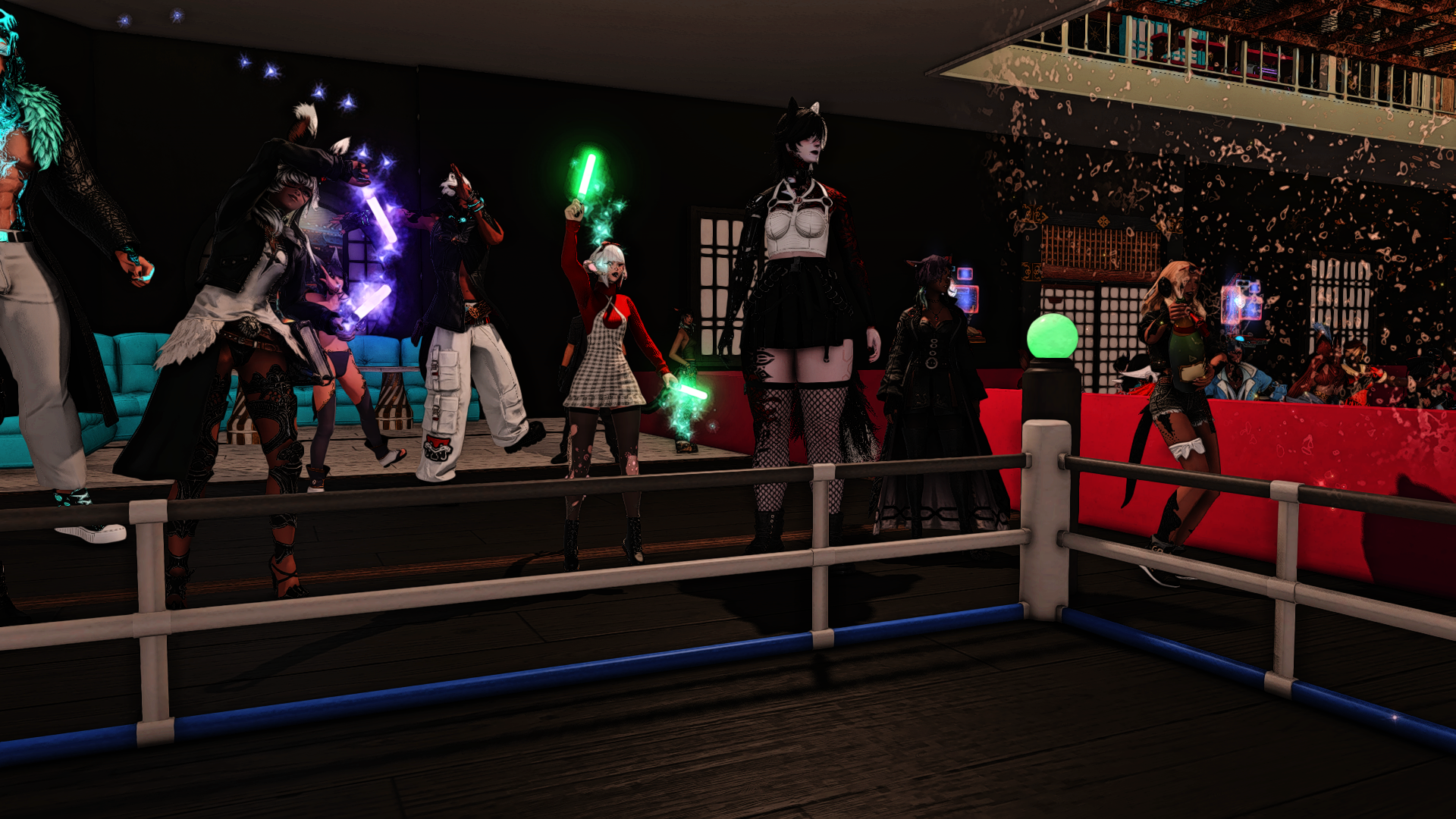 A group of stylized animated characters with animal ears and tails, dressed in various edgy and fashionable outfits, dancing on a stage with dark decor, glowing lights, and fantasy elements.
