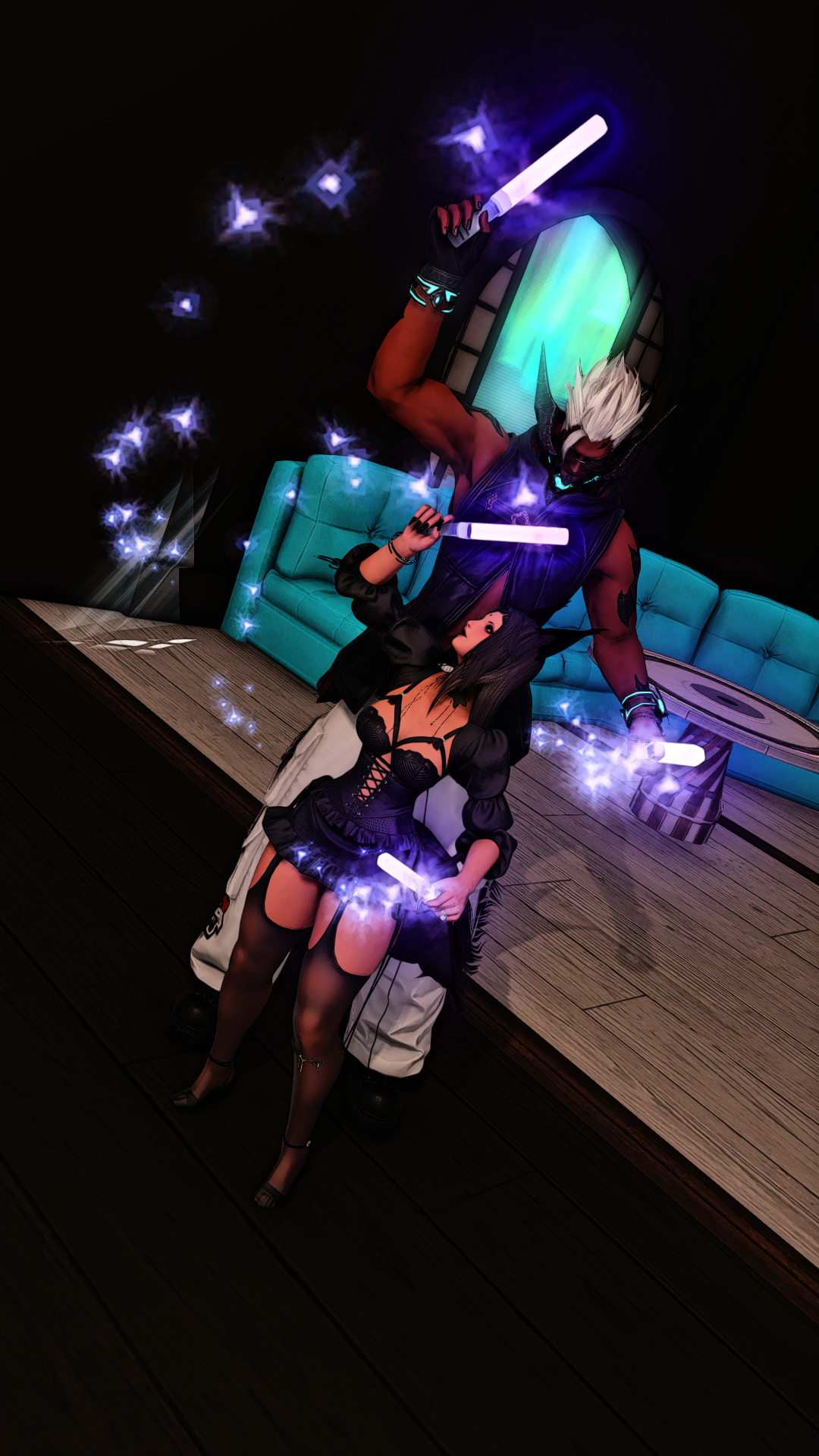 A digital artwork depicts two characters, one tall with white hair, horns, and glowing accessories, wielding glowing sticks, fighting a woman with dark hair dressed in black lingerie and a black jacket in a modern room with a blue couch. Sparks and g