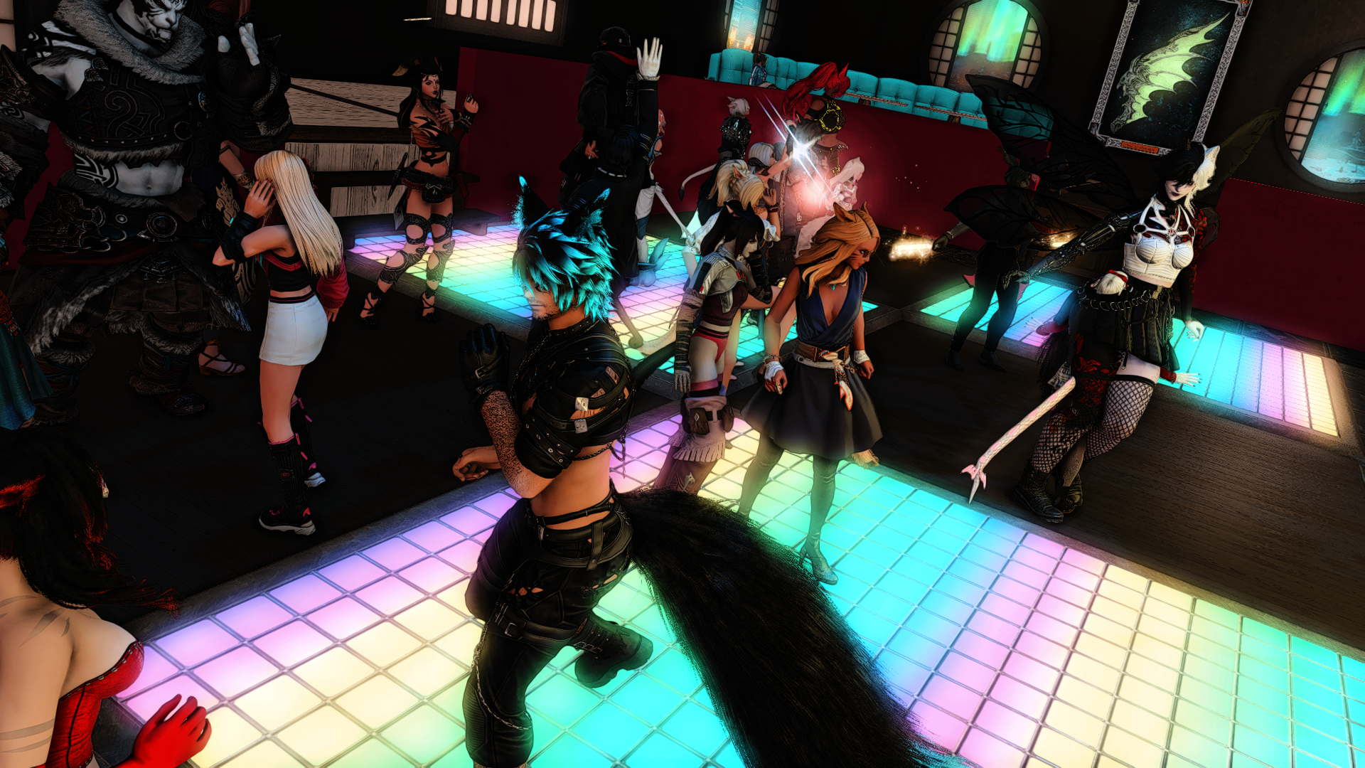 Virtual scene of characters dancing on a colorful lit dance floor, some with fantasy or sci-fi costumes and animal features, in a dark club-like setting.
