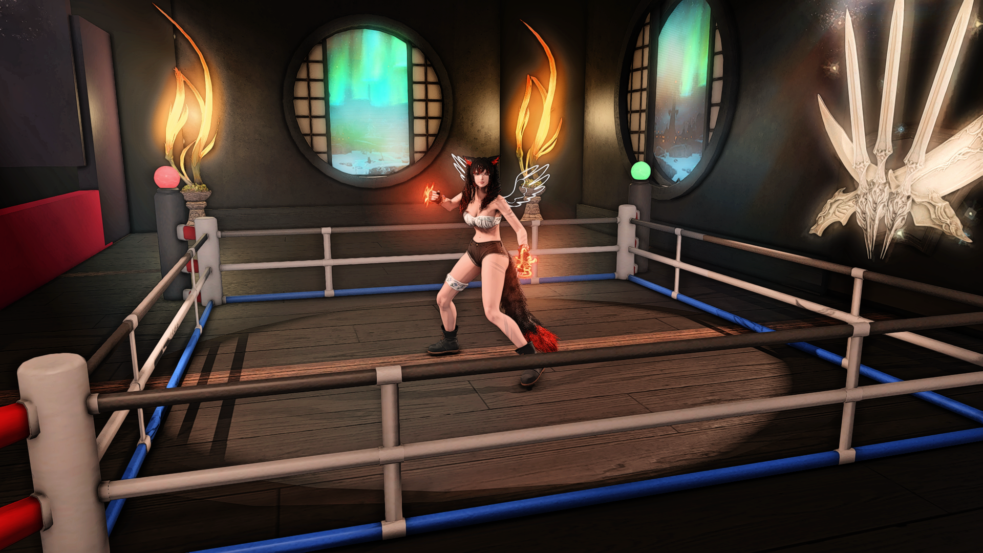 Anime-style female character with fox ears, tail, and glowing fire powers inside a boxing ring, with mystical decorations and wall art in background.