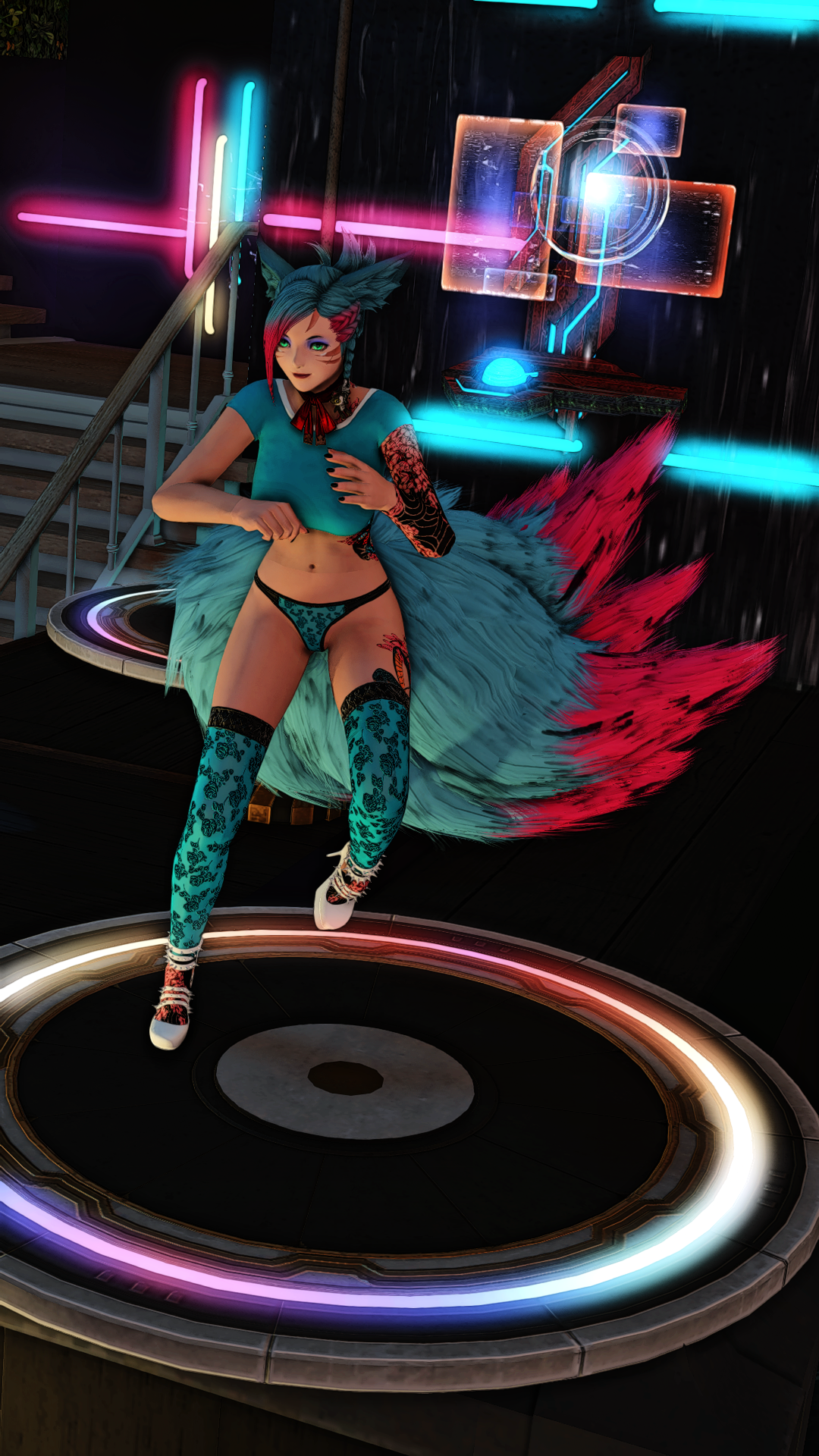 A digital character with fox-like features, turquoise hair, and colorful tattoos, sitting on a furry tail in a neon-lit room with holographic technology and a dance floor.