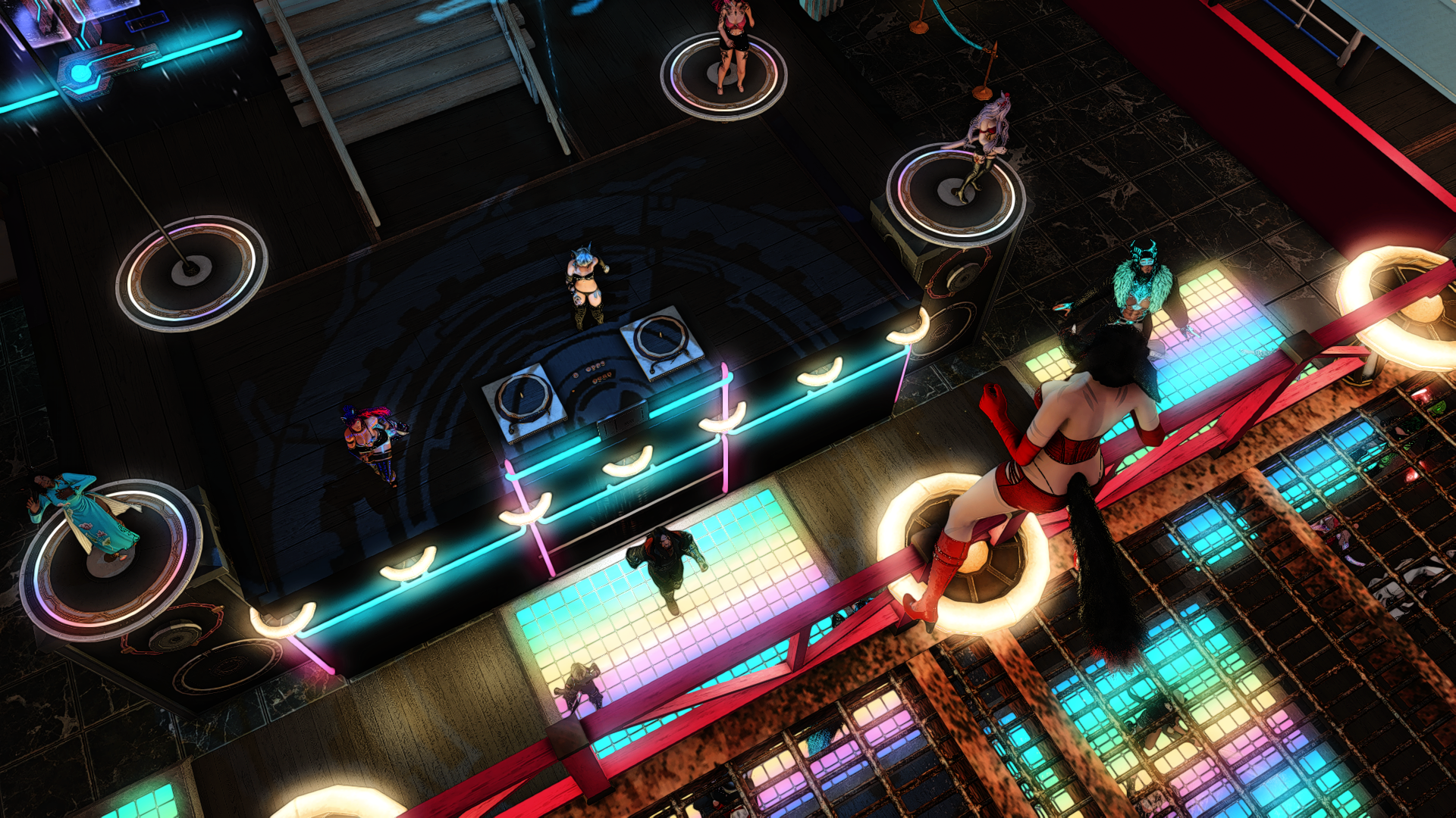 A digital rendering of a nightclub scene with a dance floor illuminated by colorful LED lights, a DJ booth with turntables and neon accents, and several scantily clad female dancers on platforms and around the dance area.