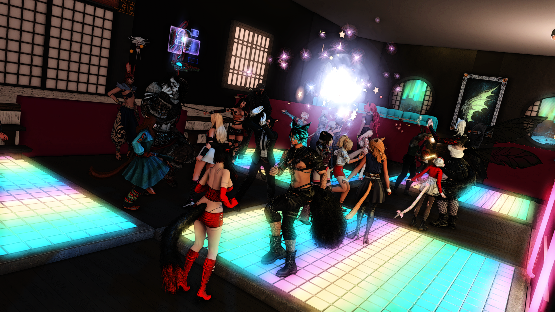 Group of fantasy characters dancing and socializing in a nightclub with neon lights and dance floor.