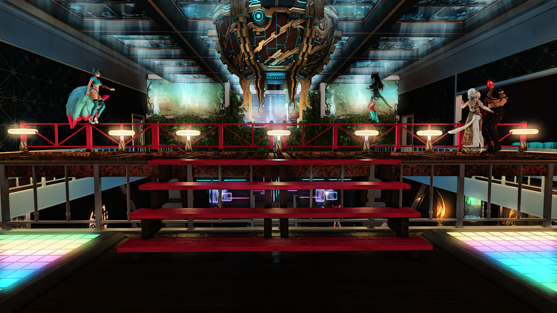 A futuristic nightclub with dancers on a red railing stage, vibrant lighting, and a central ornate metallic structure above. The background features digital screens showing nature scenes.