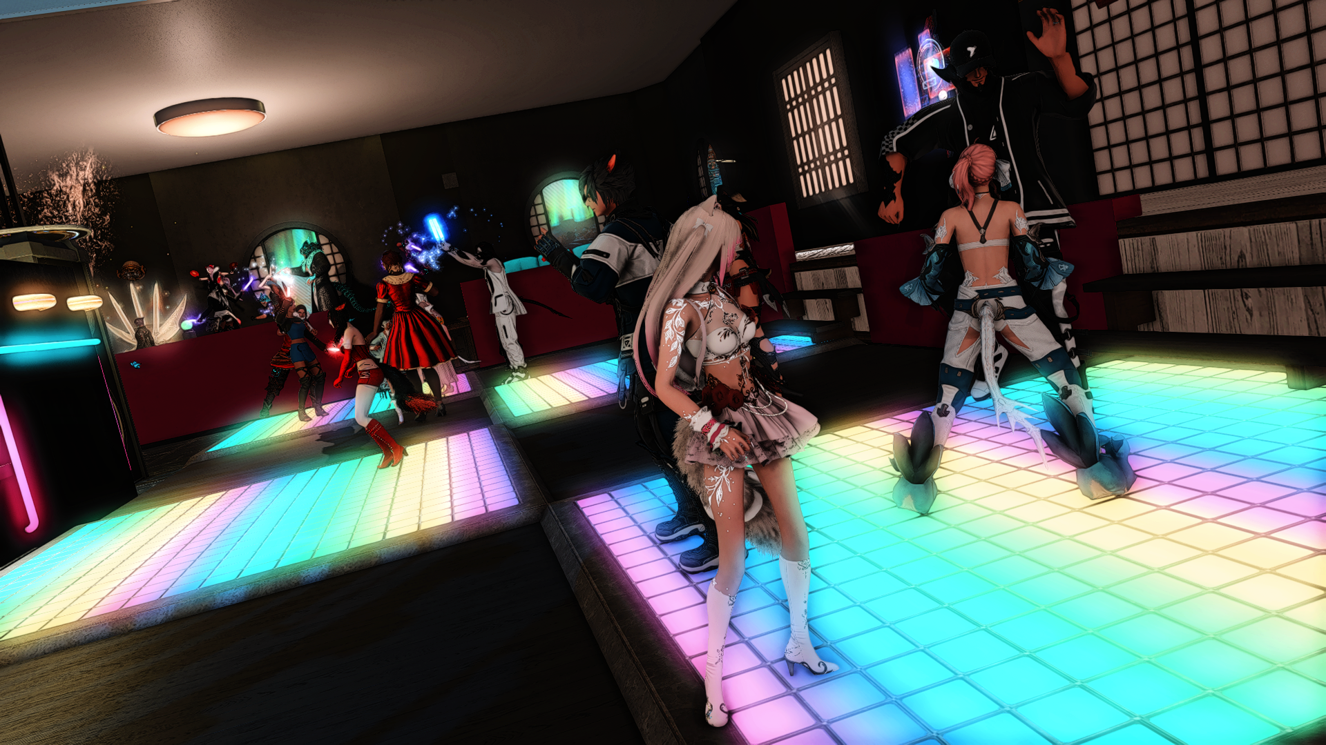Characters dancing on a colorful LED dance floor in a nightclub setting with drinks and vibrant lighting.