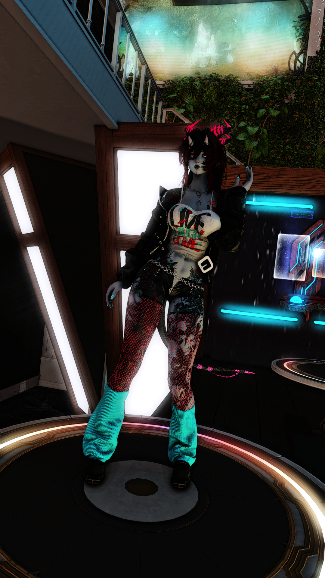 A humanoid creature with a dark, goth-inspired style, black skin, red and black horns, and long dark hair stands in a futuristic room with neon lighting.