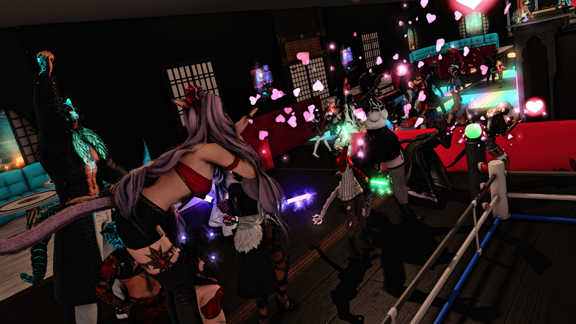Virtual cosplay party with characters dancing and taking photos in a dimly lit room with colorful lighting, neon effects, and heart-shaped light filters.