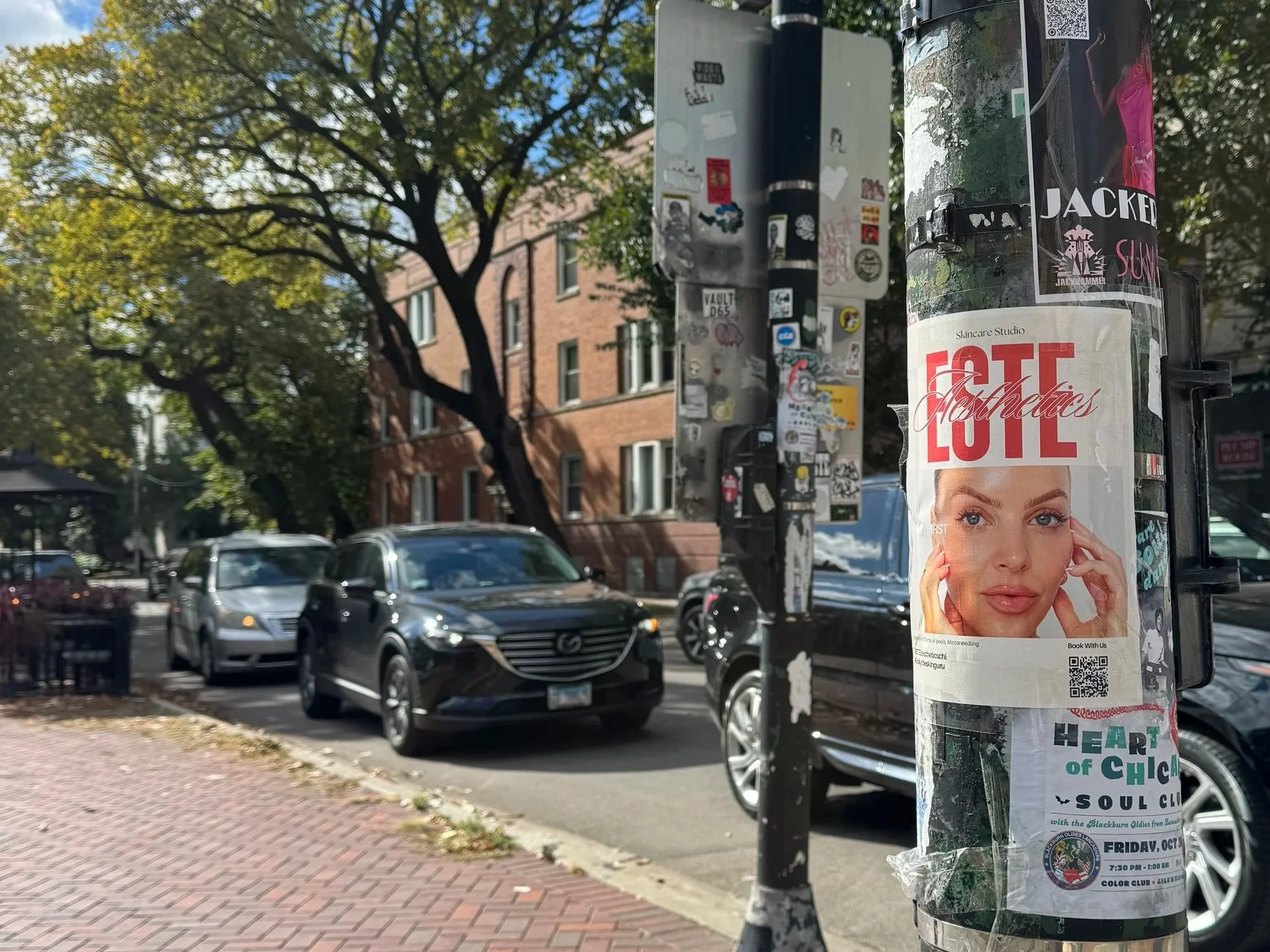 Close-up of a pole with various stickers and posters, including one advertising a skincare studio and beauty event called 'LOVE Aesthetics'. In the background, parked cars and a brick apartment building with trees are visible along the street.
