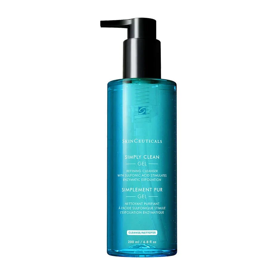 A blue bottle of SkinCeuticals Simply Clean Gel cleanser with a black pump top.