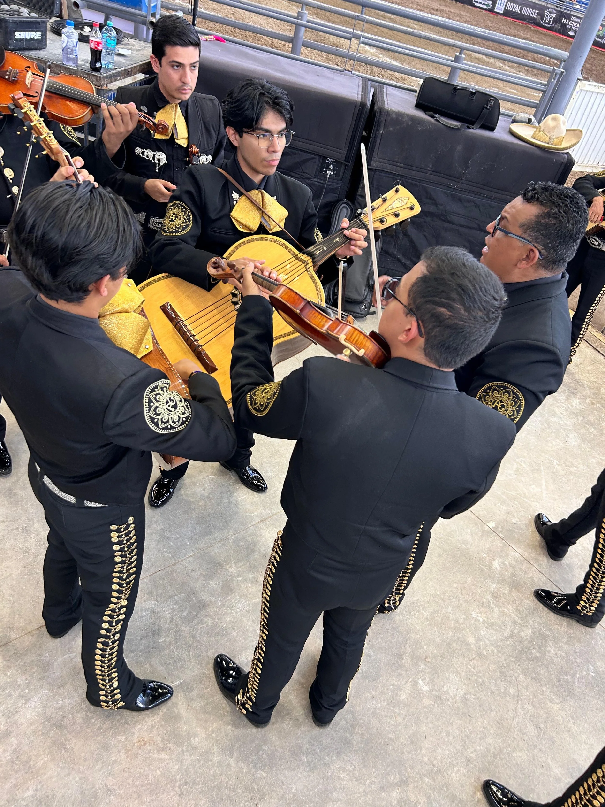 Un grupo de músicos tocando la guitarra y el violín, vestidos con trajes tradicionales de mariachi, en un entorno al aire libre con una cerca de metal y equipamiento en el fondo.