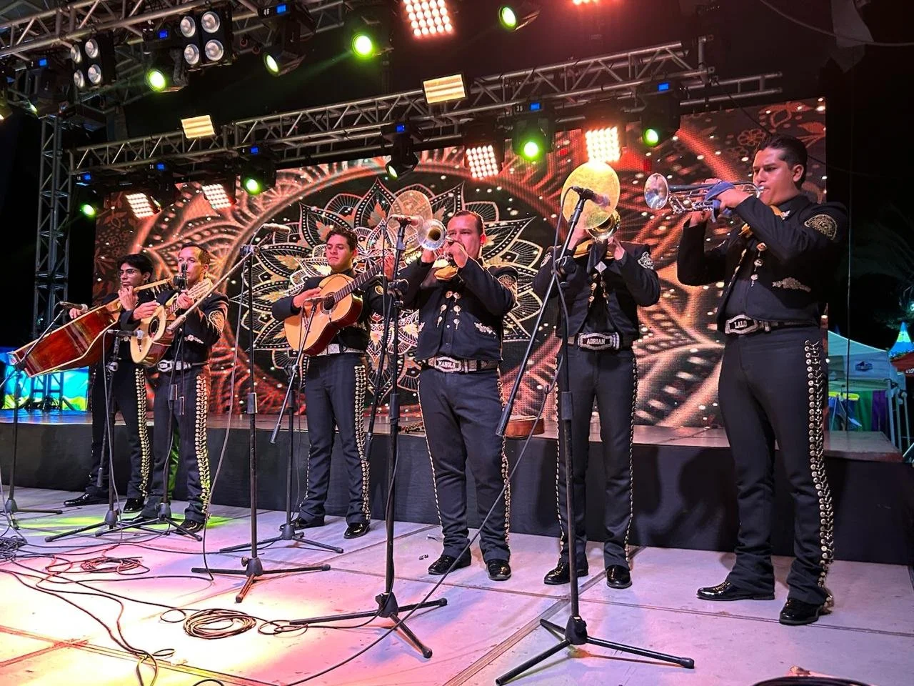 Conjunto musical de seis miembros tocando instrumentos en un escenario con fondo digital y luces.