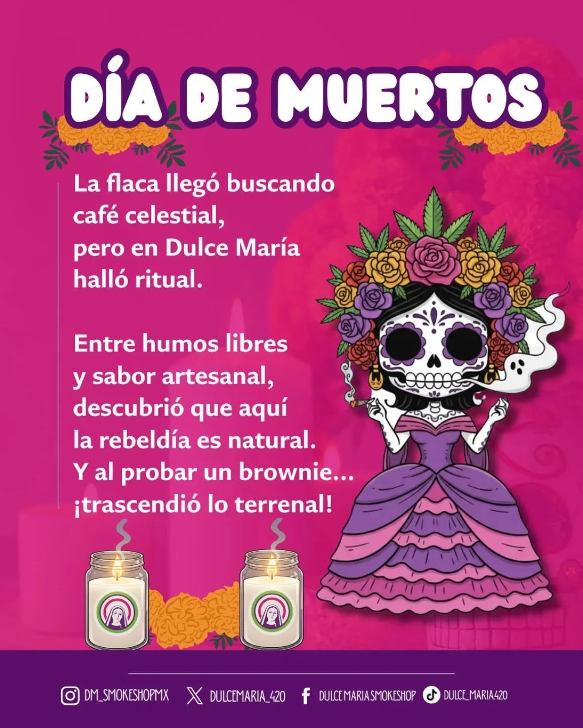 &iexcl;💀✨ Este D&iacute;a de Muertos, la flaca se nos apareci&oacute; buscando caf&eacute;&hellip; pero encontr&oacute; ritual, humo libre y sabor artesanal.
En Dulce Mar&iacute;a, hasta lo m&iacute;stico se vuelve cotidiano 🌿

#D&iacute;aDeMuertos
